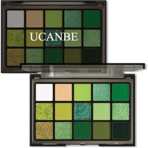 UCANBE Green Eyeshadow Makeup Palette, 15 Colors Bright Dark Green Shimmer Matte Metallic Glitter Eye Shadow, Forest Emerald Lime Pallet Kit for Cosplay Parties Christmas Halloween SFX