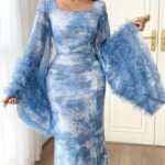 SHEIN Modely رمضان فستان مغلق للنساء طويل الأكمام ماكسي أنيق للسهرة، نمط متداخل من ربطة الصبغة والشبكة ثلاثية الأبعاد، أكمام واسعة مميزة، طراز ذيل السمكة المتواضع للحفلات والمناسبات الرسمية الطويلة