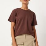 Kadın Kahverengi Bisiklet Yaka %100 Pamuk Penye T-Shirt FN03265