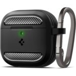 Spigen Rugged Armor Designed for AirPods 4 Case and AirPods 4 with Active Noise Cancellation Case (2024) Protective Case Cover with Carabiner Key Chain - Matte Black