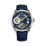 Stuhrling Men's Blue Skeleton Dual Time Silver Case AM PM Blue Leather Watch