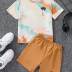 طقم تي شيرت ربطة قصيرة الأكمام بطباعة شجرة جوز الهند وصبغة التعادل والشورت المرقّع، مناسب للعطلات والصيف والشاطئ والكاجوال واليومي والحفلات، مكون من 2 قطعة