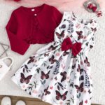 طقم 2 قطعة للفتيات الصغار: جاكيت برقرة والفستان بأكمام بدون أكمام ذو طباعة فراشات للربيع والخريف