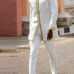 طقم البدلة بياقة طاقم رجالي بأكمام طويلة مطرز باللون الأحادي مكون من 2 قطعة، أسلوب زفاف تقليدي أفريقي