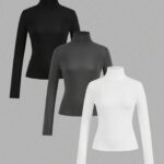 SHEIN EZwear 3 قطع / مجموعة من طبقات القاعدة للنساء قميص بياقة عالية وأكمام طويلة وجسم ضيق، مناسبة للخريف والشتاء