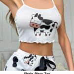 سترة نوم نسائية بنقشة بقرة بياقة دائرية وأشرطة مزينة بالدانتيل ، ملابس علوية العباءة (بدون شورت)