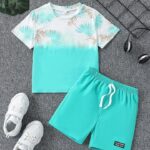 مجموعة ملابس علوية وشورت 2 قطعة بطبعات الخضريات الاستوائية للأطفال الصغار ,أكمام قصيرة وياقة طاقم , مناسب للصيف، الرياضة،اليومي،الخارجي،المدرسة