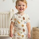 SHEIN طقم بيجامة من 2 قطعة للطفل الصبي مع طباعة أشكال حيوانات جميلة، ملابس علوية بياقة مستديرة وأكمام قصيرة وبنطلون، قماش ناعم مرن
