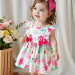 فستان أخضر فاتح لطفلة بطبعة الأرنب الرقيقة والزهور والنباتات بدون أكمام مزين بالكشكش والفيونكة بتصميم A-line مع عصابة رأس، مناسب للربيع/الصيف وخروج عيد الفصح والتصوير الفوتوغرافي أو الارتداء اليومي