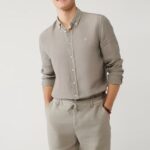 Erkek Gri %100 Keten Düğmeli Yaka Gömlek B002191