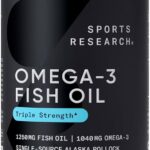 Sports Research Triple Strength Omega 3 Fish Oil - Burpless Fish Oil Supplement w/EPA & DHA Fatty Acids from Single-Source Wild Alaskan Pollock - 1250 mg, 180 ct