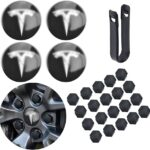 Car Wheel Center Hub Cap Kit with Logo Hubcaps Accessories for TES la Model 3 Model Y 4 Black & Sliver Hub Center Caps + 22 Black Lug Nut Covers (Black&Sliver)