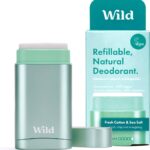 Wild - Refillable Deodorant - Vegan - Aluminum Free - Long Lasting Protection - Starter Kit - Aqua Case, Fresh Cotton & Sea Salt Refill - 1.4oz
