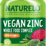 NATURELO Vegan Zinc Whole Food Complex Supplement with Vitamin C for Immune Support and Healthy Skin, Hair, and Nails - 120 Capsules