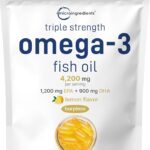 Micro Ingredients Triple Strength Omega 3 Fish Oil Supplements 4200mg Per Serving, 240 Softgels – Lemon Flavored – Burpless | EPA 1200mg + DHA 900mg | Deep Sea Fish.