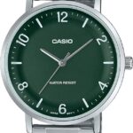Casio MTP-VT03D-3B Men's Minimalistic Stainless Steel Green Dial Concave-Shaped Dial 3-Hand Analog Watch