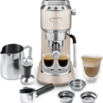 De'Longhi Dedica Arte Espresso Machine - MyLatteArt Milk Foam Nozzle, 15 BAR Pressure, Steel Tamper Included, Beige Gold - Create Perfect Espresso, Cappuccinos, and Latte Art at Home - EC885.BG
