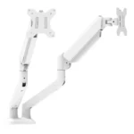 حامل ذراع شاشة مزدوج، توازن ذاتي، حامل شاشة كمبيوتر مكتبي أبيض، يدور أفقيًا وعموديًا لزيادة الارتفاع