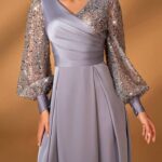 Serin فستان أنيق فاخر للمرأة من القطيفة الرمادي الملبد بالترتر والترتيب اللولبي ذو الياقة على شكل V مزين بترتر الأكمام الطويلة مع تنورة على شكل A، لاستخدام العروس في مناسبات الزفاف والحفلات الرسمية