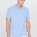 Erkek Açık Mavi %100 Pamuk Kıvrılmaz Pike Polo Yaka Slim Fit Dar Kesim Tişört