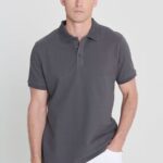 Erkek Antrasit %100 Pamuk Kıvrılmaz Pike Polo Yaka Slim Fit Dar Kesim Tişört