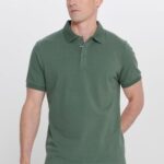 Erkek Haki %100 Pamuk Kıvrılmaz Pike Polo Yaka Slim Fit Dar Kesim Tişört
