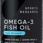 Sports Research Triple Strength Omega 3 Fish Oil - Burpless Fish Oil Supplement w/EPA & DHA Fatty Acids from Single-Source Wild Alaskan Pollock - 1250 mg, 90 ct