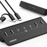FIDECO Powered USB Hub, 7 Port USB 3.2 Gen 2, 10Gbps Fast Data Hub for iPhone 16/15 Series, Aluminum USB Splitter with 5V 3A Power Adapter, 4 USB-A and 3 USB-C Ports, Support BC1.2 Charging