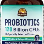 VITALITOWN Probiotics 120 Billion CFUs | 36 Strains, with Prebiotics & Digestive Enzymes for Men Women | Shelf Stable | Digestive Health & Immune Support | Vegan, Non-GMO | 30 Delayed Release Veg Caps