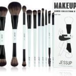 Jessup Makeup Brushes Set 10pcs, Double Sided Foundation Contour Blush Highlight Blending Eyebrow Brush Eyeshadow Eyeliner Concealer Brush, Bright Cyan Cruelty Free Cosmetic Tools T500