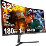 SANSUI 32-Inch Curved Gaming Monitor WQHD 2560 x 1440 180Hz Curved 1500R -1ms(OD), HDR, 300nits, sRGB 125%, DCI-P3 95%, FreeSync, HDMI x2, DP1.2x2(ES-G32C3 DP Cable Included)