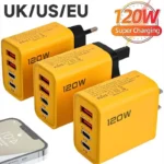 120 واط شحن سريع 4 منافذ شاحن الهاتف المحمول QC3.0 USB نوع C شواحن المزدوج PD الجدار محول الاتحاد الأوروبي/الولايات المتحدة/المملكة المتحدة التوصيل آيفون 15 شاومي