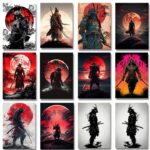 قماشية لوحة الحائط لغرفة الأطفال ديكور المنزل بدون إطار، بوستر ياباني ساموراي بألوان جمالية،سمكري بلون أحمر وأسود مع تنين أنمي