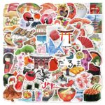 64 ملصق تصميم ياباني مائي لسفر، بطراز رجعي، عناصر صغيرة حنينة، زخرفة لحساب الهندسة المعمارية والحاسب والأكواب المائية والسكيت بورد