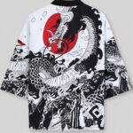 كيمونو ياباني للرجال مطبوع بتنين ذو هلال أحمر على الطراز الأنمي للخريف