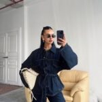 Koyu Lacivert Bağlamalı Denim Takım Oversize Ceket ve Pantolon