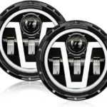 مصابيح امامية LED للسيارة من اروما 7 انش مع حلقة هالو من النوع V ومصابيح اشارة انعطاف كهرمانية - شعاع عالي/منخفض للسيارات مقاومة للماء، سهلة التركيب، شعاع عالي 5000 لومن