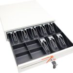 درج نقود نقاط البيع من اتش كوزمي | حجم قياسي | شديد التحمل | فتح تلقائي | واجهة طابعة RJ11 | 8 ملاحظات و4 عملات معدنية | صينية عملات معدنية قابلة للازالة | درج نقود (ابيض)