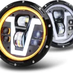 مصباح امامي LED 7 انش معتمد من وزارة النقل مع اشارة انعطاف كهرمانية نوع V ابيض DRL Hi Lo Beam متوافق مع ديفندر 90 110 جيب رانجلر JK TJ CJ هامر H1 H2 مياتا mx5 mk1