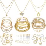 IFKM 36 PC Gold Plated Jewelry Set with 4 Necklace, 11 Bracelet, 7 Ear Cuffs Earring, 14 Knuckle Rings for Women Girls Valentine Anniversary Birthday Friendship Gift