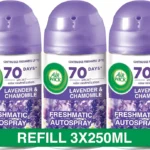 بخاخ فريشماتيك برذاذ اوتوماتيكي قابل لاعادة التعبئة من ايرويك برائحة اللافندر والبابونج لازلة الروائح الكريهة مثل رائحة فضلات القطط، 250 مل (عبوة من 3 قطع)