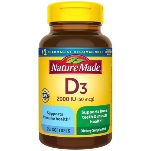 Nature Made Vitamin D3 2000 IU (50 mcg), Dietary Supplement for Bone, Teeth, Muscle and Immune Health Support, 250 Softgels, 250 Day Supply