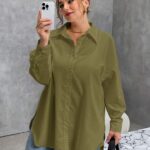 SHEIN Essnce قميص أبيض أساسي فضفاض بأكمام طويلة بأزرار لإناث البدناء للخريف والشتاء، بلوزة إناث، لباس علوي مقاس كبير، طراز "الأموال القديمة"، بلوزات إناث للعمل، ملابس الخريف، قميص شق جانبي عالي، قميص أبيض أساسي بأكمام طويلة، حفل عودة الخريجين، ملابس سفر للإناث