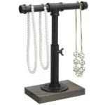 MyGift Adjustable Height Industrial Pipe Organizer Stand - Rustic T-Bar for Jewelry, Headphones, Medals, Kitchen Utensils & Display, Gray Wood Base (Black/Gray, Country Style)
