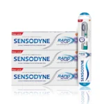 Sensodyne, Toothpaste and Toothbrush, Family Pack, Rapid Action, Long Lasting Protection, Regime Kit, 3 Toothpaste and 1 Toothbrush, 75 ml X 3, 1 Tootphaste
