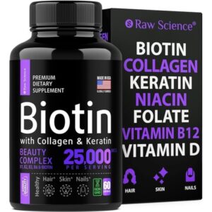 Biotin and Collagen Supplements with Keratin – Hair Skin and Nails Vitamins: Biotin 5000mcg, Keratin, Collagen for Women & Men – Skin & Hair Vitamins, Nail and Hair Growth Supplement – 60 Capsules