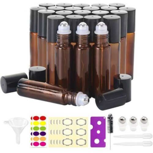 Mavogel 24, 10ml Roller Bottles for Essential Oils - Amber, Glass with Stainless Steel Roller Balls (3 Extra Roller Balls, 54 Pieces Labels, Opener, Funnel, Dropper, Brush Included)