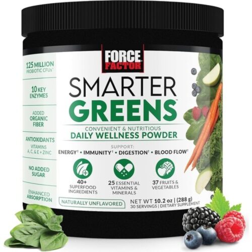 FORCE FACTOR Smarter Greens Daily Wellness Powder, Greens Superfood Powder to Support Gut Health, Bloating, & Digestion, with 40+ Superfoods, 125 Million CFUs of Probiotics, Unflavored, 30 Servings