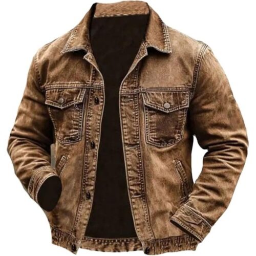 Men'S Vintage Suede Patch Pocket Outdoor Jacket Coat Leather Jacket For Men