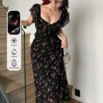 DAZY فستان صيفي مطبع بأزهار مع حاشية مكشكشة في الأسفل وياقة قلب للنساء، فستان إلى الركب